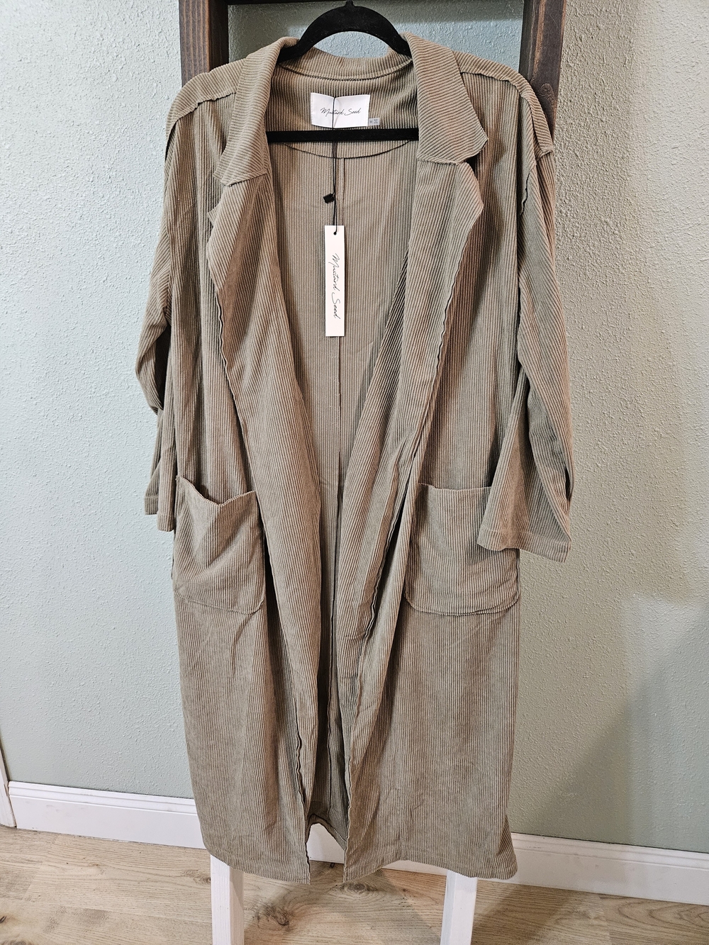 NWT Mustard Seed Olive Green Corduroy Longline Open Cardigan Size M